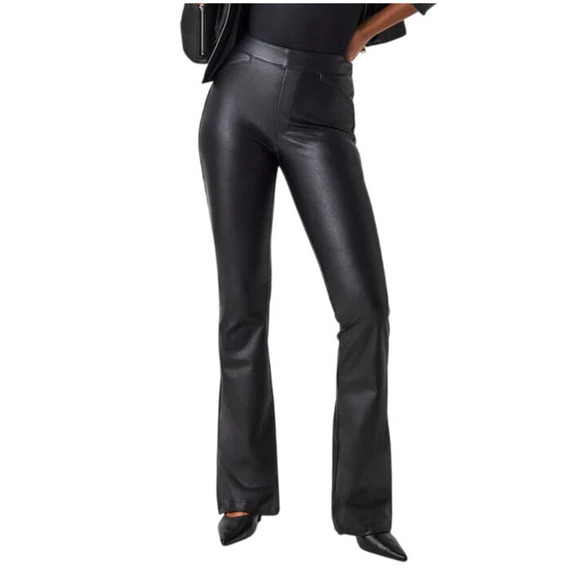 SPANX Black Leather Like Flare High Waisted Pull On Pants Size 1X Tall - Picture 1 of 14